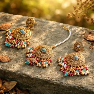 Premium Gold Plated Heritage Earrings and Tikka Set