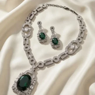 Premium Dark Green & Purple AD Necklace Set